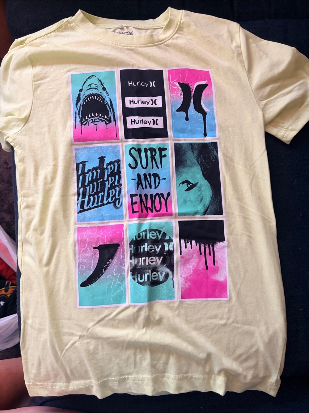 Youth Hurley Yellow Tee with Pink & Teal Surf Graphic